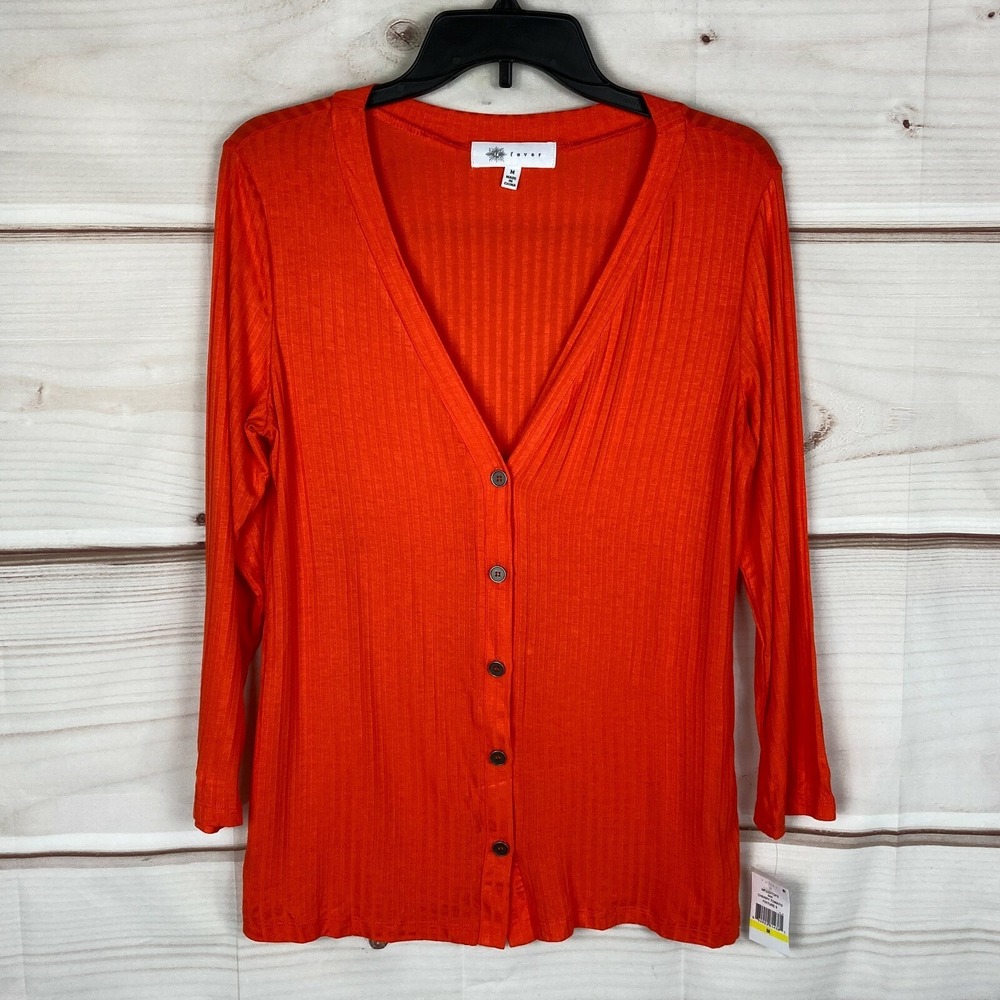 Fever Top Women M Orange Rib Knit T-Shirt Button Up Knit 3/4 Sleeve Solid V-Neck